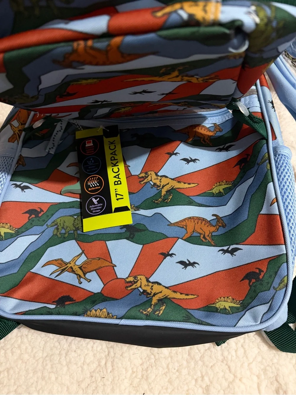 Light Blue Kids Backpack and Pencil Case with Colorful Dinosaur Print